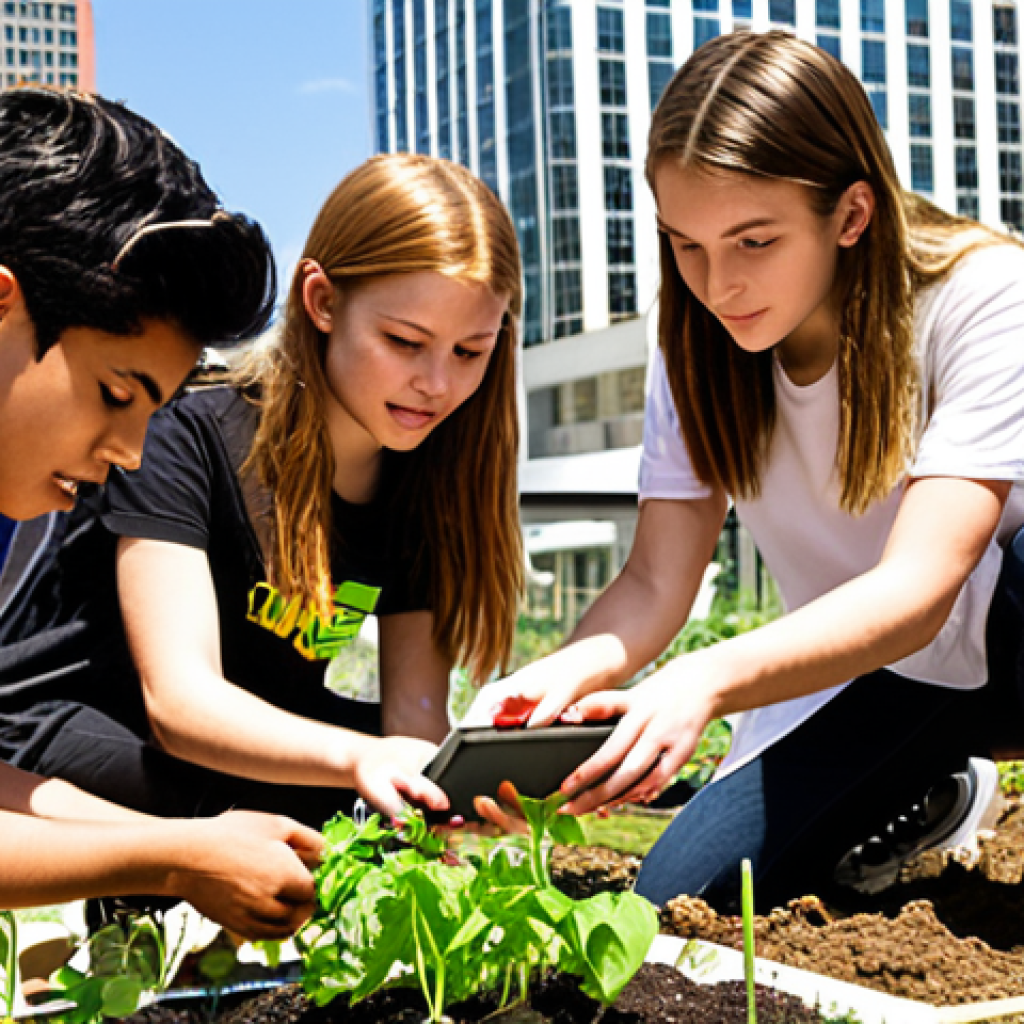 **

A diverse group of high school students collaborating on designing a sustainable urban garden, using tablets and gardening tools, in a sunny urban environment with skyscrapers in the background, illustrating project-based learning and real-world connections. Focus on teamwork and practical application of knowledge.

**