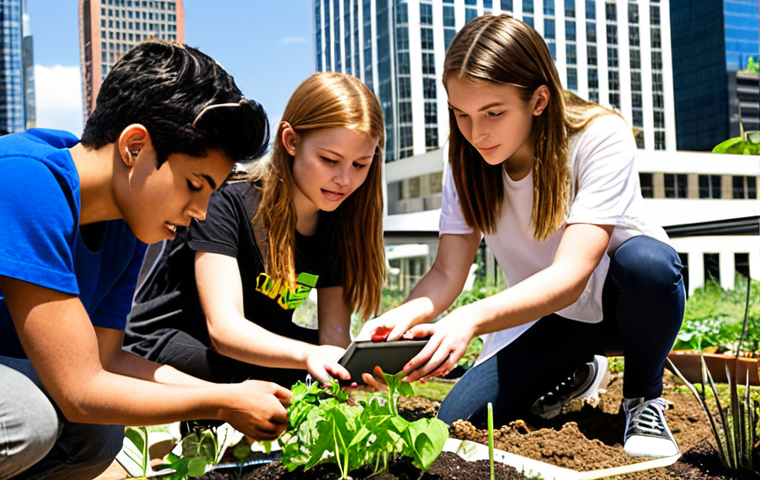 **
A diverse group of high school students collaborating on designing a sustainable urban garden, using tablets and gardening tools, in a sunny urban environment with skyscrapers in the background, illustrating project-based learning and real-world connections. Focus on teamwork and practical application of knowledge.
**