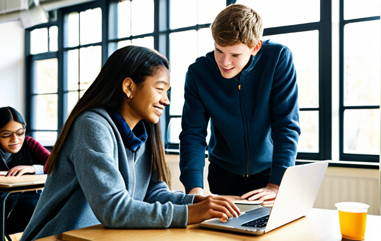 Collaborative Learning in a Modern Classroom**

"A diverse group of students collaborating on a hands-on project in a brightly lit, modern classroom. The students are fully clothed in casual but appropriate attire. Some are working with laptops, others are building a small structure with recycled materials. The atmosphere is collaborative and engaging. Sunlight streams through large windows. safe for work, appropriate content, professional setting, perfect anatomy, correct proportions, natural pose, well-formed hands, proper finger count, family-friendly"

**