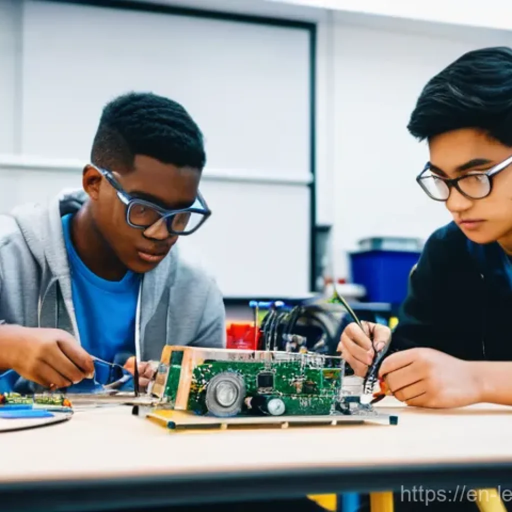 실험적 학습을 통한 학습 격차 해소 방안 - **Prompt:** A diverse group of young adults, aged 18-24, is intensely focused in a brightly lit, mod...