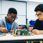 실험적 학습을 통한 학습 격차 해소 방안 - **Prompt:** A diverse group of young adults, aged 18-24, is intensely focused in a brightly lit, mod...