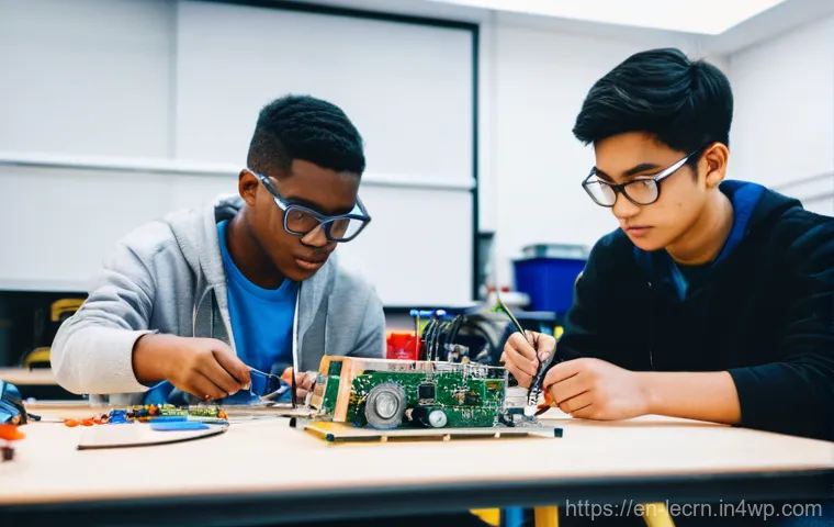 실험적 학습을 통한 학습 격차 해소 방안 - **Prompt:** A diverse group of young adults, aged 18-24, is intensely focused in a brightly lit, mod...