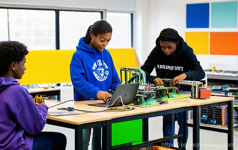 실험적 학습 방법의 국제적 사례 비교 - **Project-Based Learning in a Maker Space:**
    A vibrant, sunlit high school maker space filled wi...