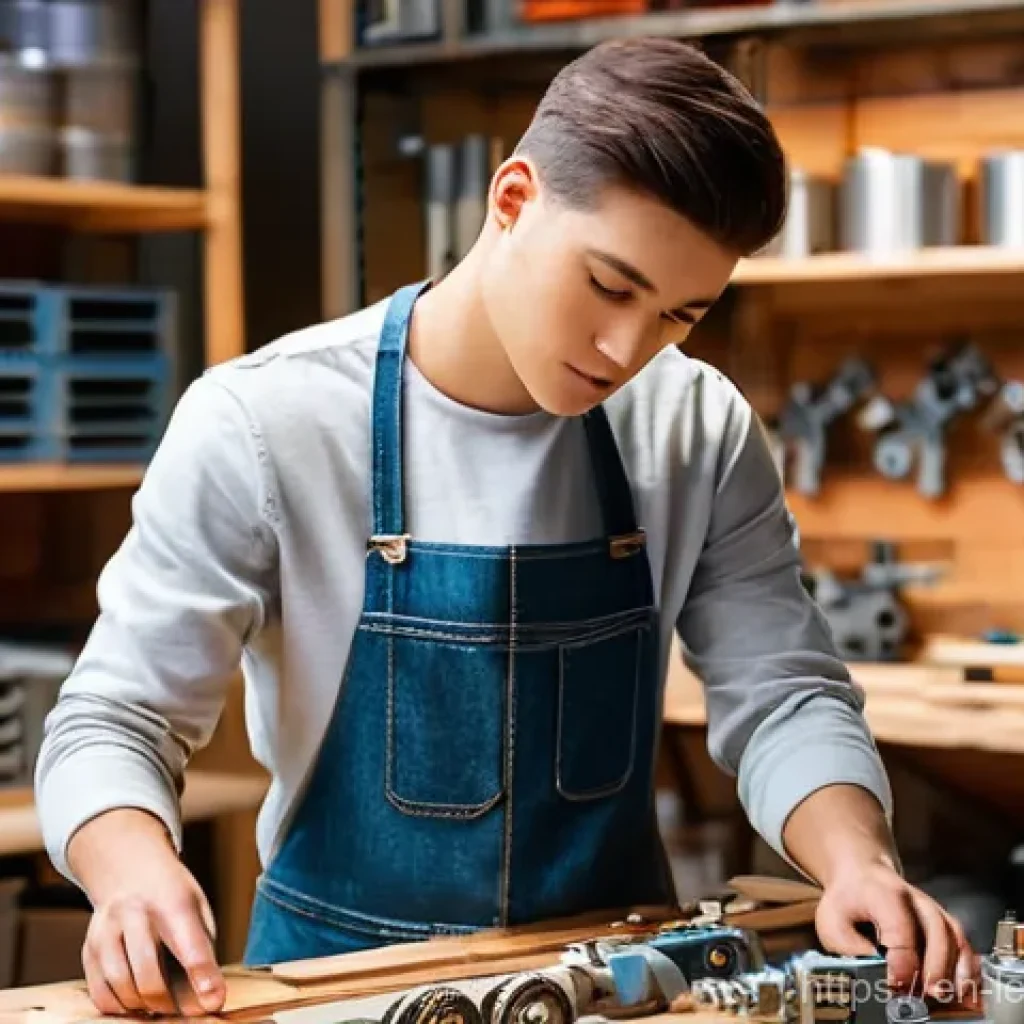 실험적 학습 방법의 뇌 과학적 근거 - **Prompt:** A young adult, wearing practical work clothes like a denim apron over a t-shirt and jean...