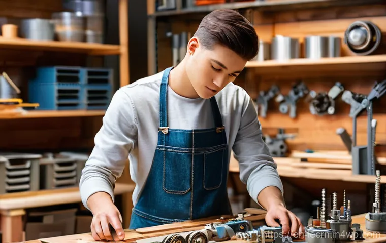 실험적 학습 방법의 뇌 과학적 근거 - **Prompt:** A young adult, wearing practical work clothes like a denim apron over a t-shirt and jean...