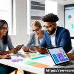 실험적 학습에서의 협업 도구 활용 - A diverse group of young professionals collaborating energetically in a modern office space, using m...