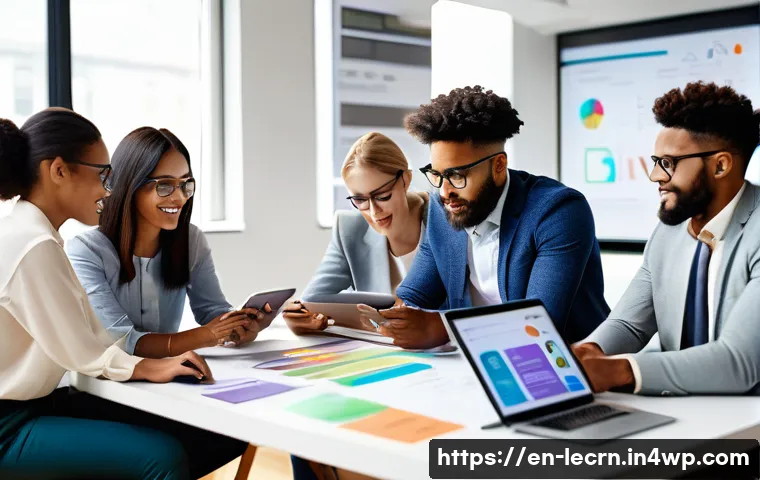 실험적 학습에서의 협업 도구 활용 - A diverse group of young professionals collaborating energetically in a modern office space, using m...