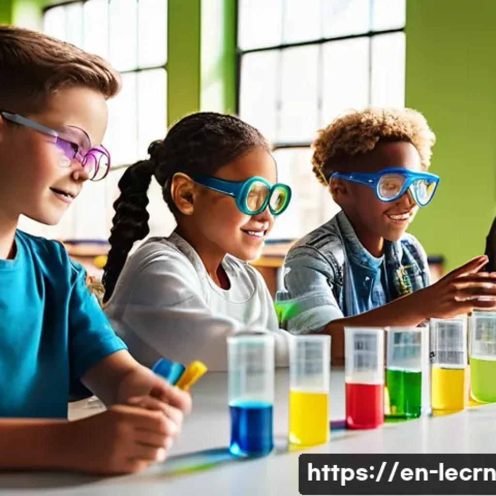 실험적 학습과 배움의 동기 유발 - A bright, modern classroom scene featuring diverse students actively engaged in hands-on science exp...