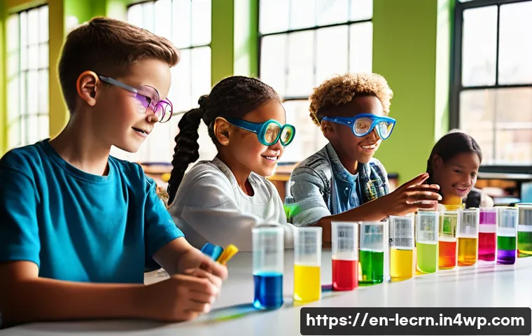 실험적 학습과 배움의 동기 유발 - A bright, modern classroom scene featuring diverse students actively engaged in hands-on science exp...
