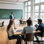 Home 21 실험적 학습에서의 동기 부여 기법 - A modern classroom scene showing a diverse group of adult learners engaged in a collaborative worksh...