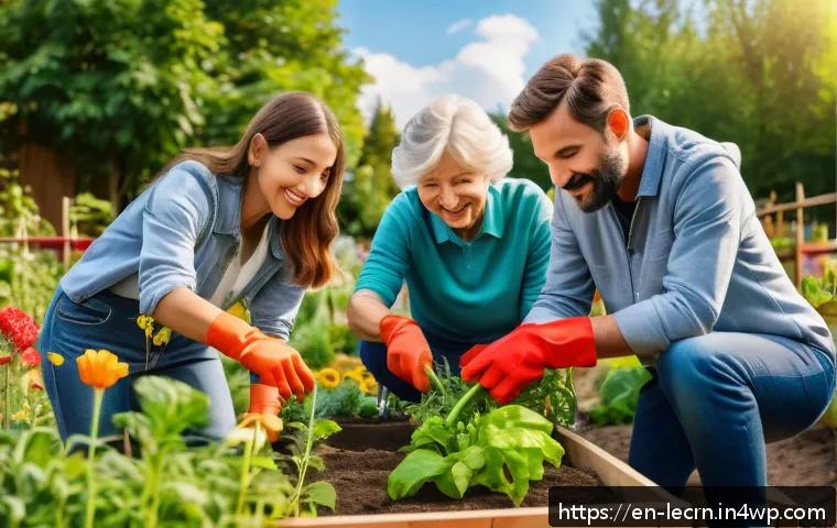 실험적 학습을 통한 자기 반성 훈련 - A diverse group of adults actively volunteering in a community garden on a sunny day, wearing casual...
