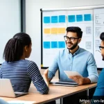 Home 18 실험적 학습을 위한 비전 및 목표 수립 - A vibrant classroom scene showing a diverse group of adult learners engaged in a collaborative proje...