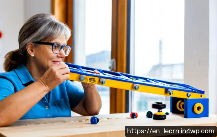 실험적 학습을 통한 사고의 전환 - Photorealistic bright science workshop, a middle-aged woman in safety glasses carefully testing a sm...